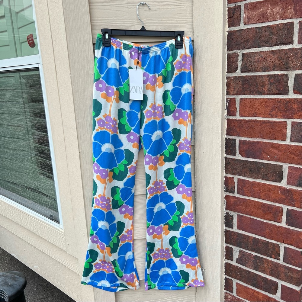 ZARA Floral Print Pants High Elastic Waist Back Pockets Pants